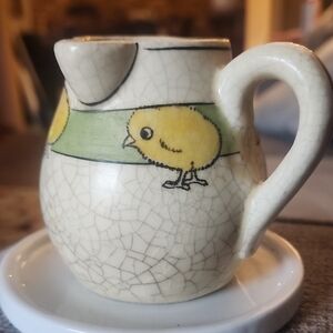 Vintage ROSEVILLE CHILDRENS POTTERY Charming Yellow Bird Ceramic Pitcher